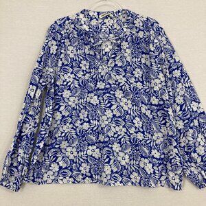 Woolworths Blue White Floral Tie Front Swiss Dot Textured Blouse Large Feminine